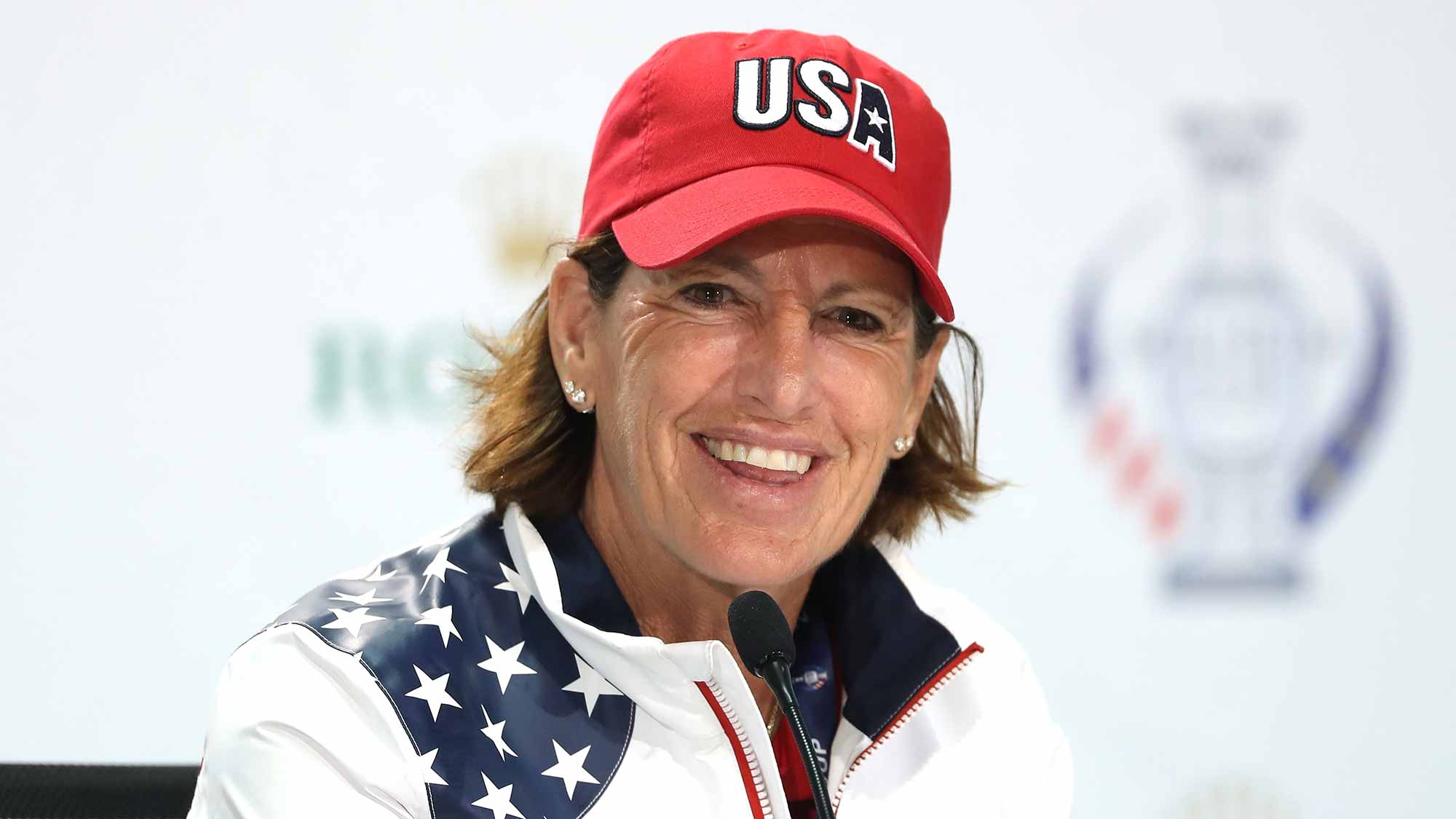 Juli Inkster the captain of the United States team speaks to the media during practice for the 2017 Solheim Cup Matches at Des Moines Country Club